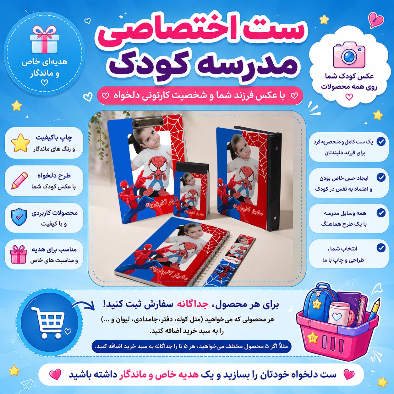 ست اختصاصی مدرسه با عکس کودک شما  لوازم التحریر مردعنکبوتی اسپایدر من